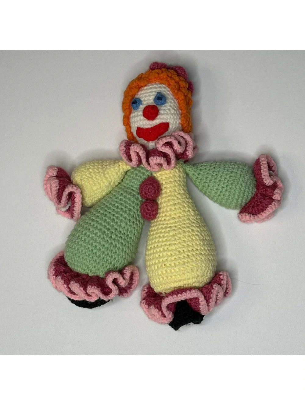 Vintage Handmade Crocheted Clown Doll 15” Yarn Plush Folk Art 1970s 1980s